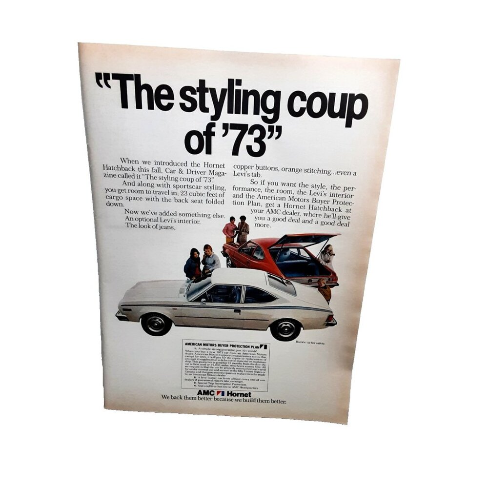 Vintage 1973 AMC Hornet Hatchback Print Ad Levi’s Interior Auto Original